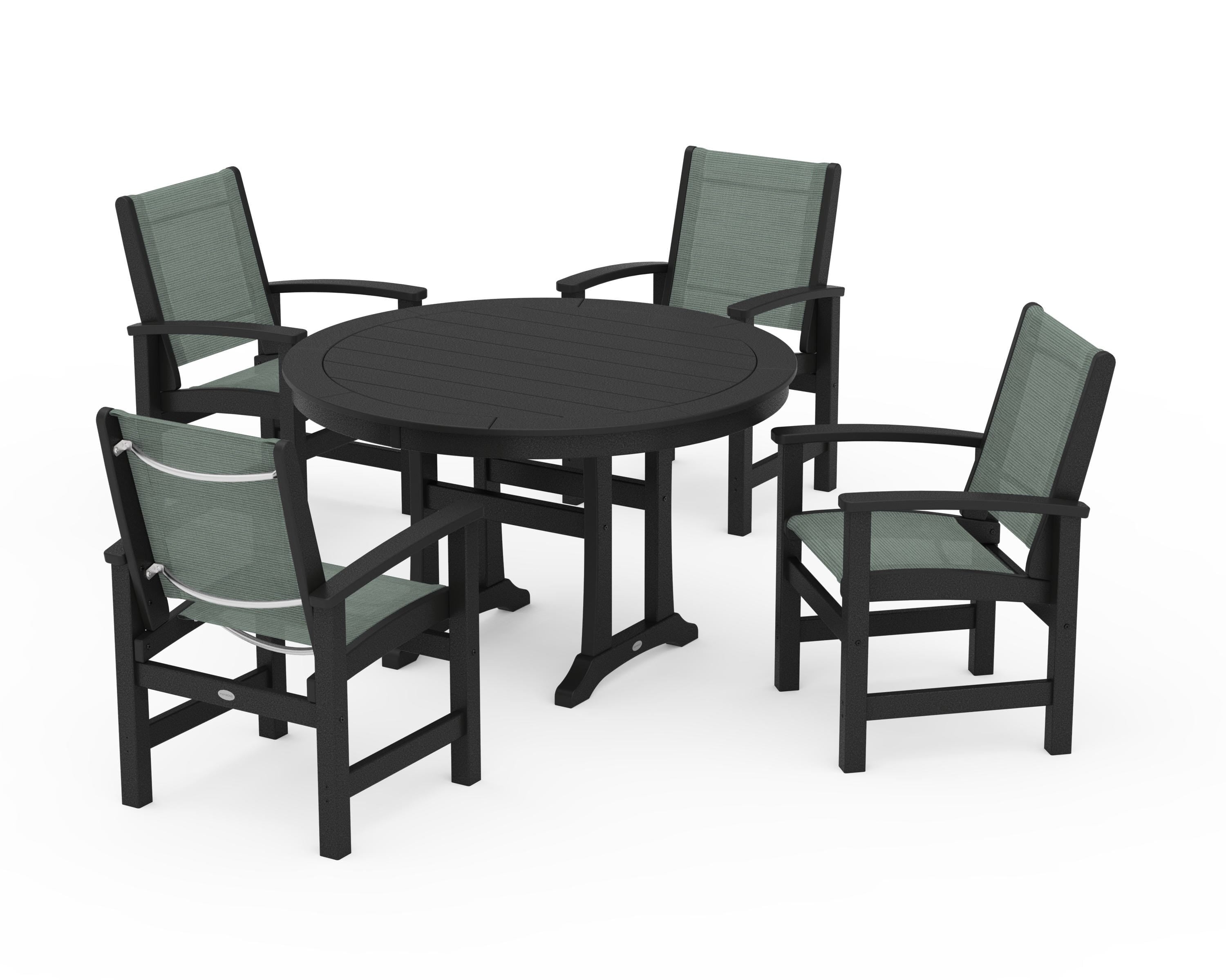 POLYWOOD® Coastal 5-Piece Round Dining Set with Trestle Legs in Black / Dupioni Sea Mist Sling