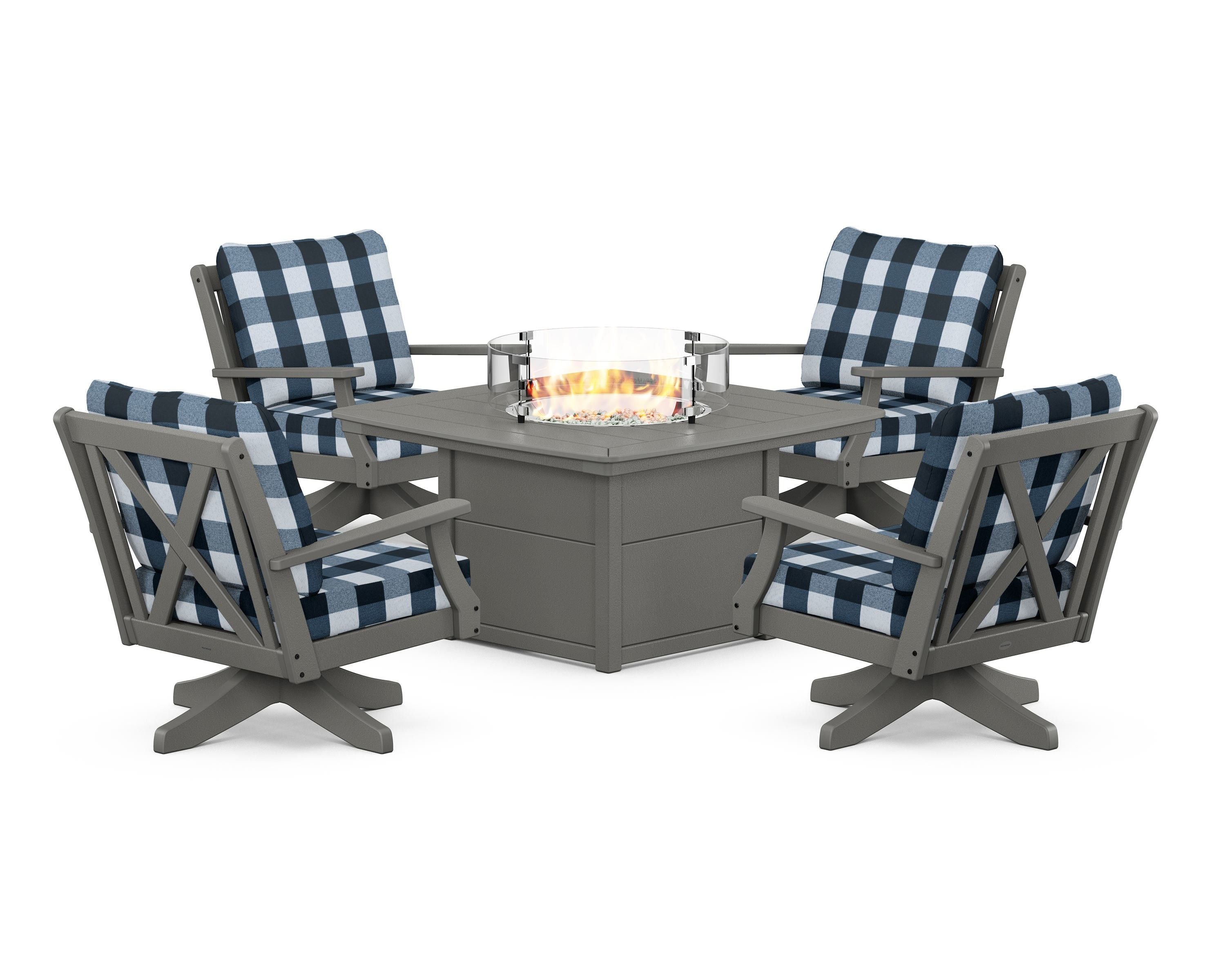 POLYWOOD® Braxton 5-Piece Deep Seating Swivel Conversation Set with Fire Pit Table in Slate Grey / Buffalo Plaid Marine Indigo