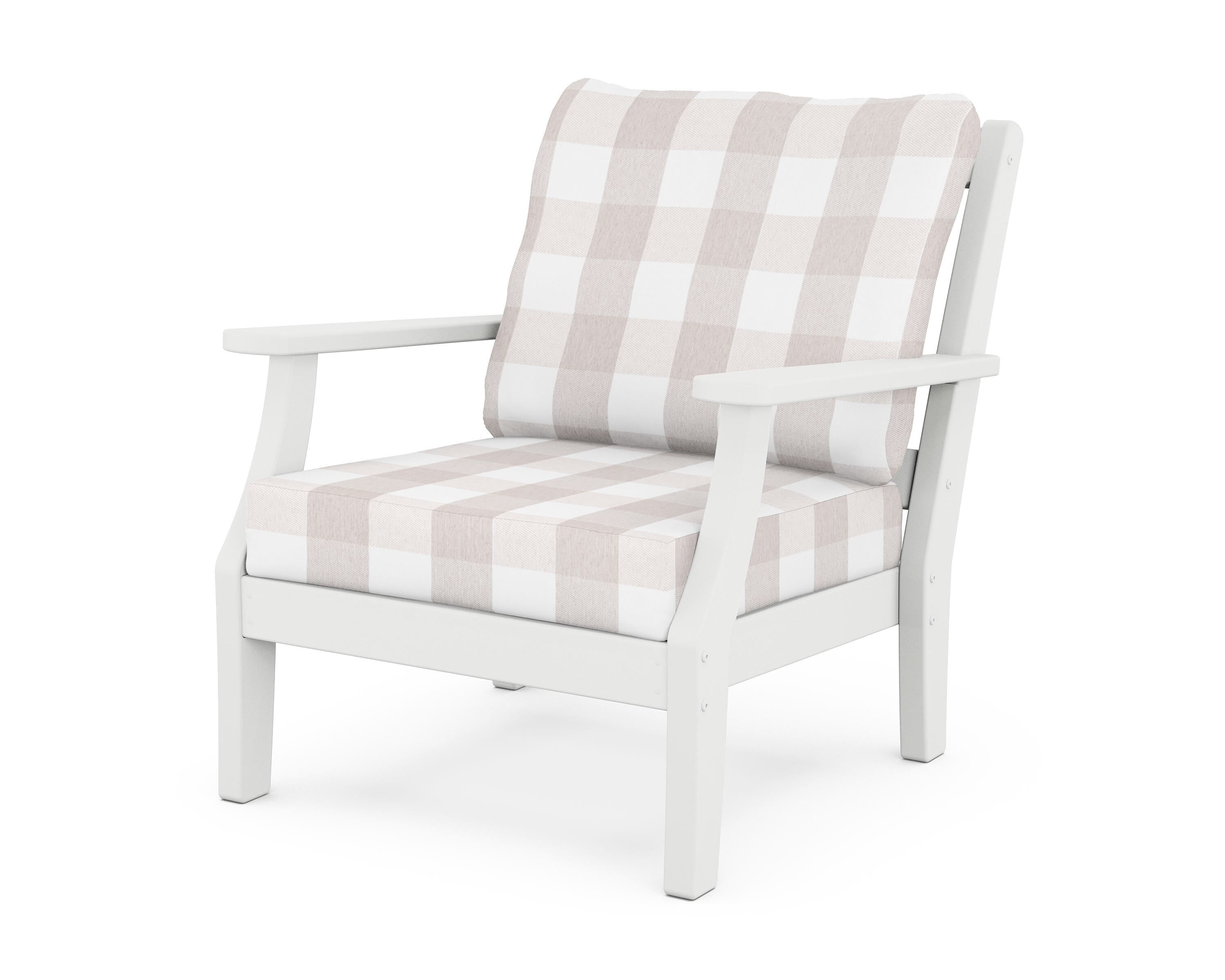 Martha Stewart by POLYWOOD® Chinoiserie Deep Seating Chair in White / Buffalo Plaid Dune Burlap