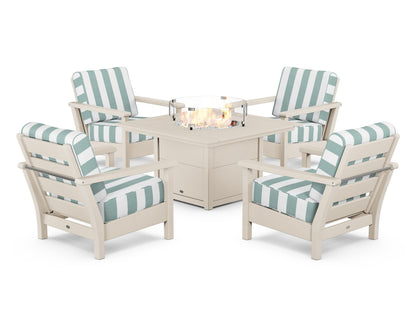POLYWOOD® Harbour 5-Piece Conversation Set with Fire Pit Table in Sand / Cabana Stripe Glacier Spa
