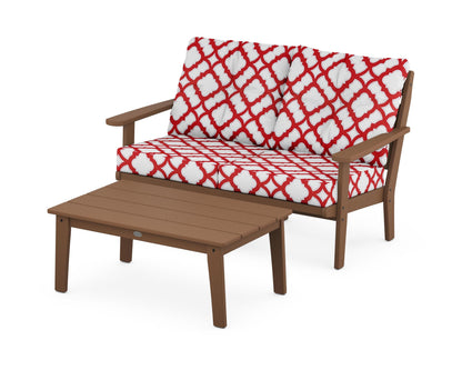 POLYWOOD® Lakeside 2-Piece Lounge Loveseat Set in Teak / Trellis Crimson