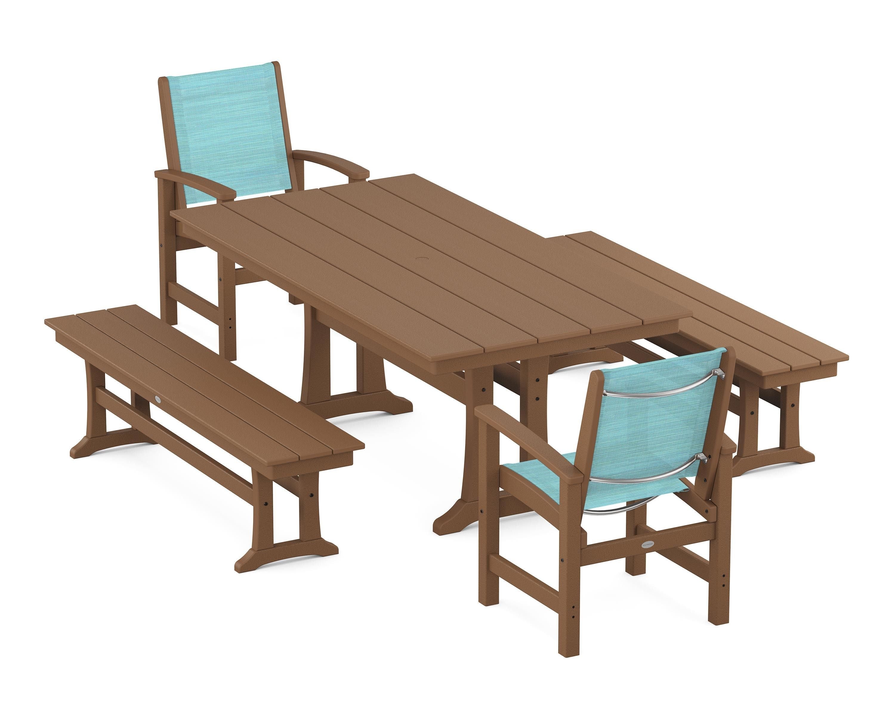 POLYWOOD® Coastal 5-Piece Farmhouse Dining Set with Trestle Legs and Benches in Teak / Dupioni Aquamarine Sling