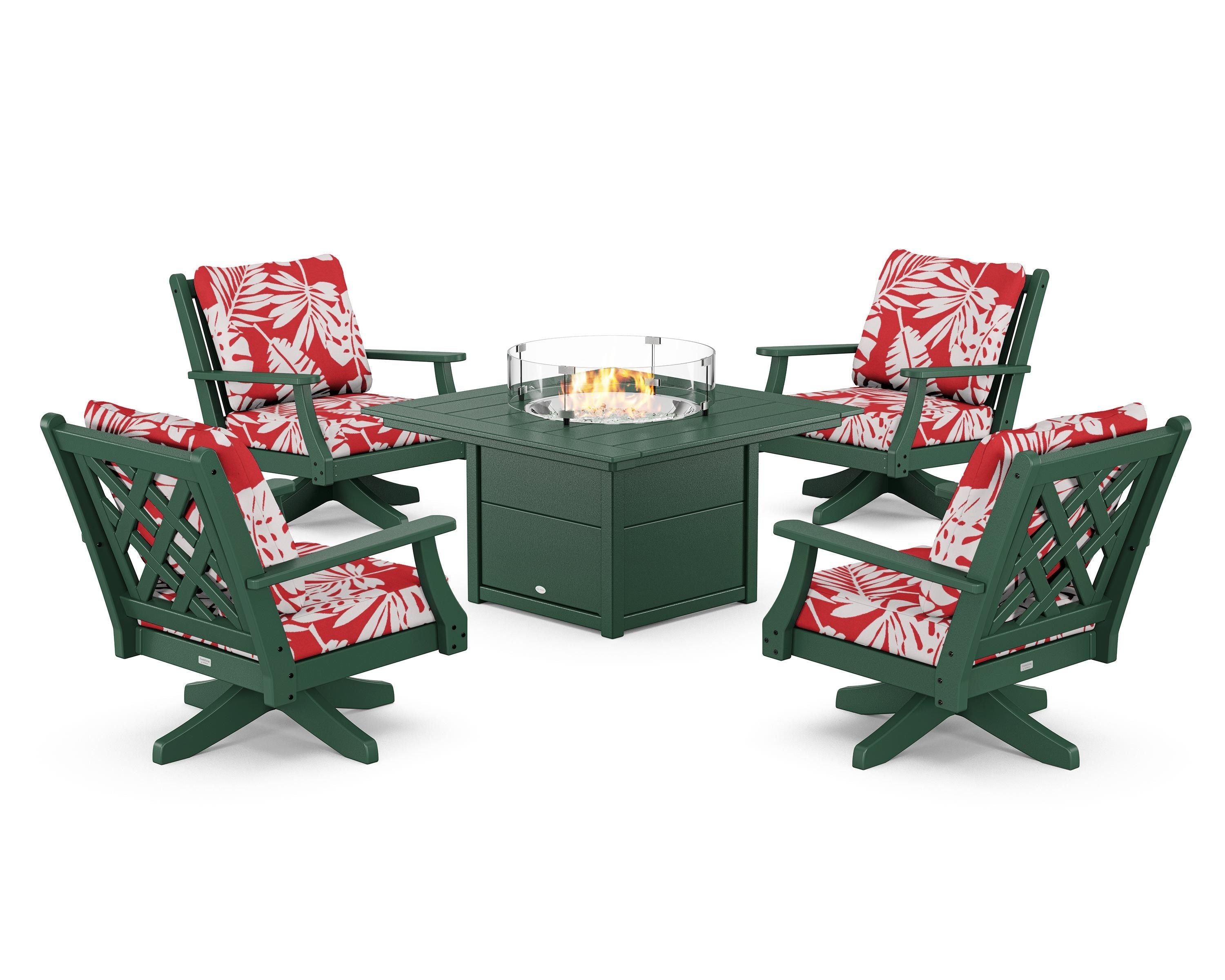 Country Living Wovendale 5-Piece Deep Seating Swivel Conversation Set with Fire Pit Table in Green / Leaf Crimson