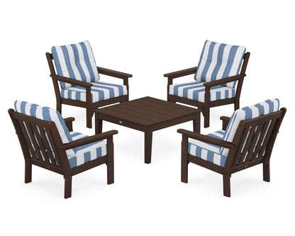 POLYWOOD® Vineyard 5-Piece Deep Seating Conversation Set in Mahogany / Cabana Stripe Sky Blue