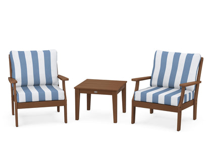 POLYWOOD® Braxton 3-Piece Deep Seating Set in Teak / Cabana Stripe Sky Blue