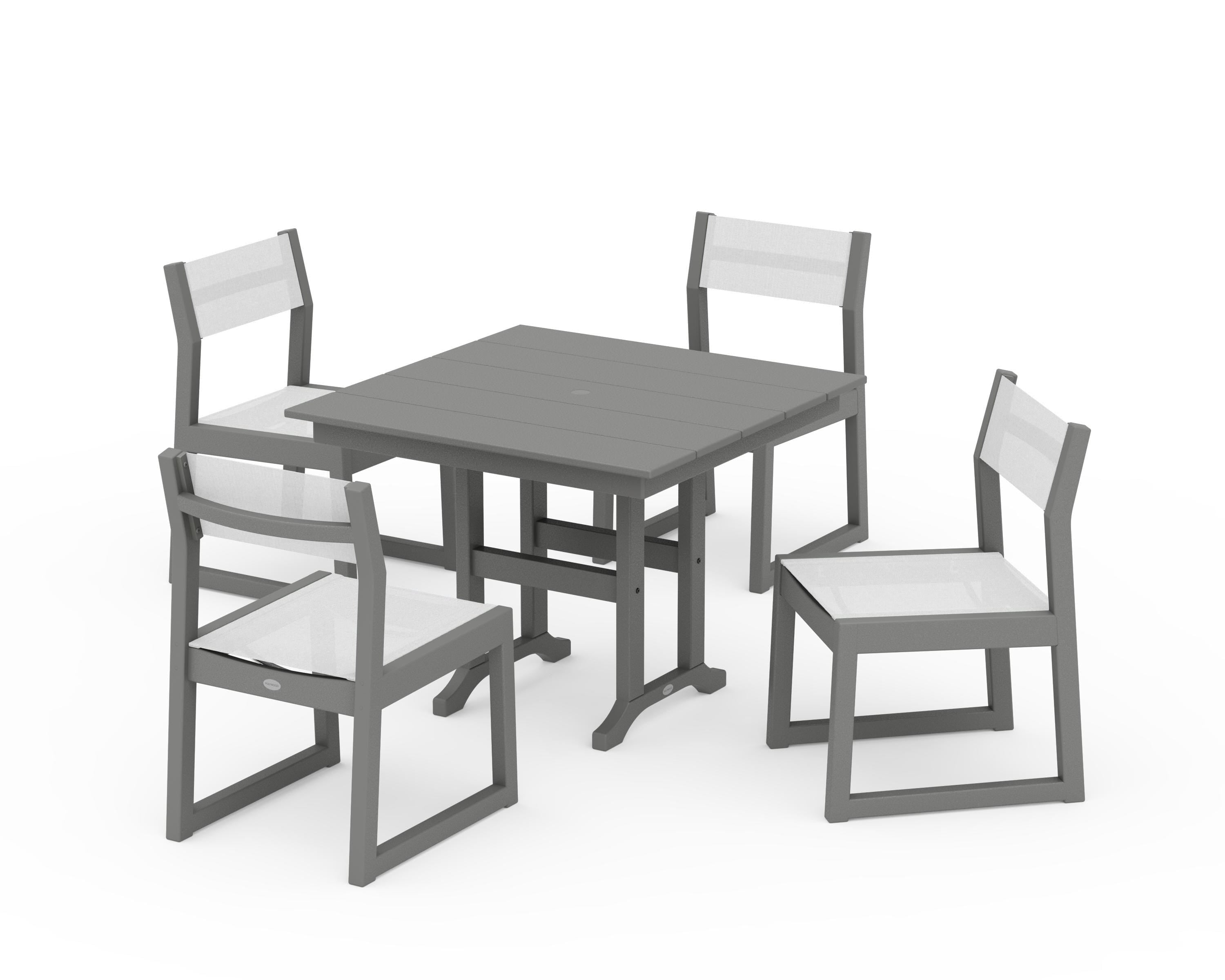 POLYWOOD® EDGE Sling Side Chair 5-Piece Farmhouse Dining Set in Slate Grey / White Sling