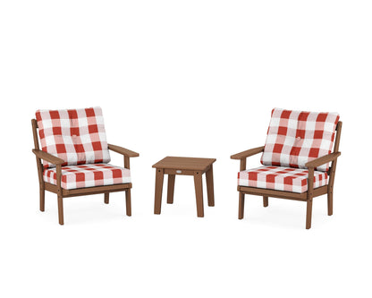 POLYWOOD® Prairie 3-Piece Deep Seating Set in Teak / Buffalo Plaid Crimson