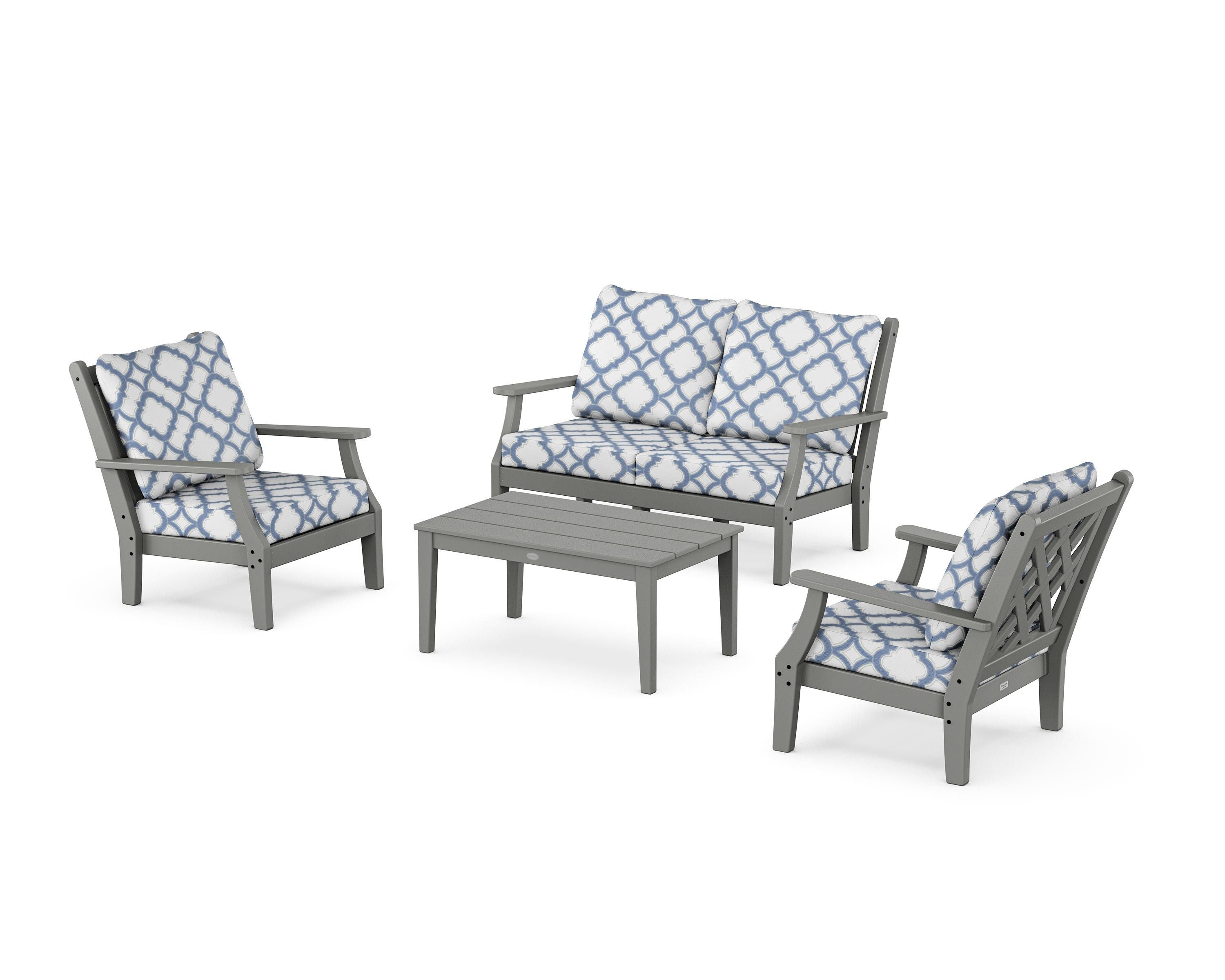 Country Living Wovendale 4-Piece Deep Seating Set with Loveseat in Slate Grey / Trellis Sky Blue