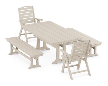 POLYWOOD® Nautical Folding Highback Chair 5-Piece Farmhouse Dining Set With Trestle Legs and Benches in Sand