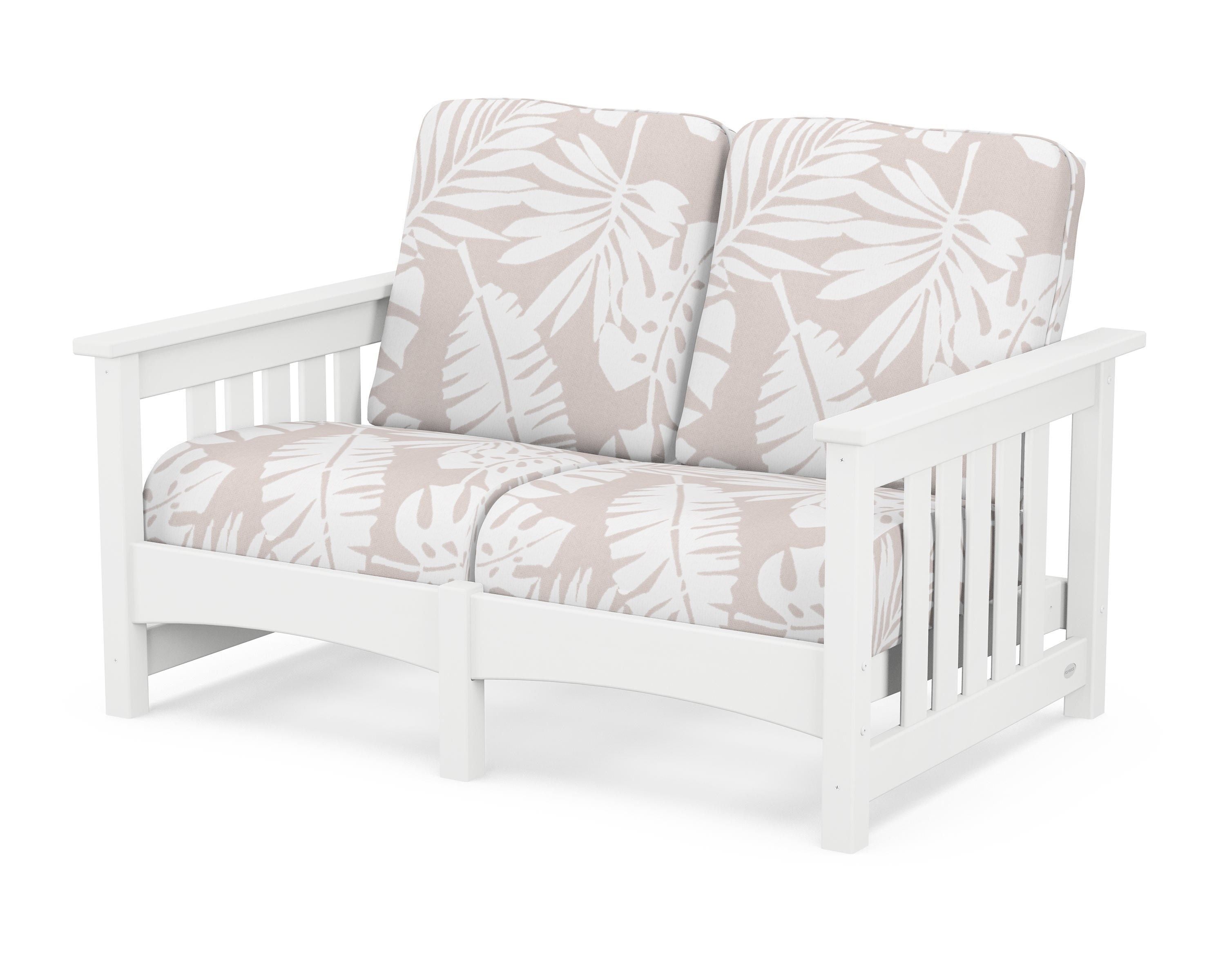 POLYWOOD® Club Mission Loveseat in White / Leaf Dune Burlap