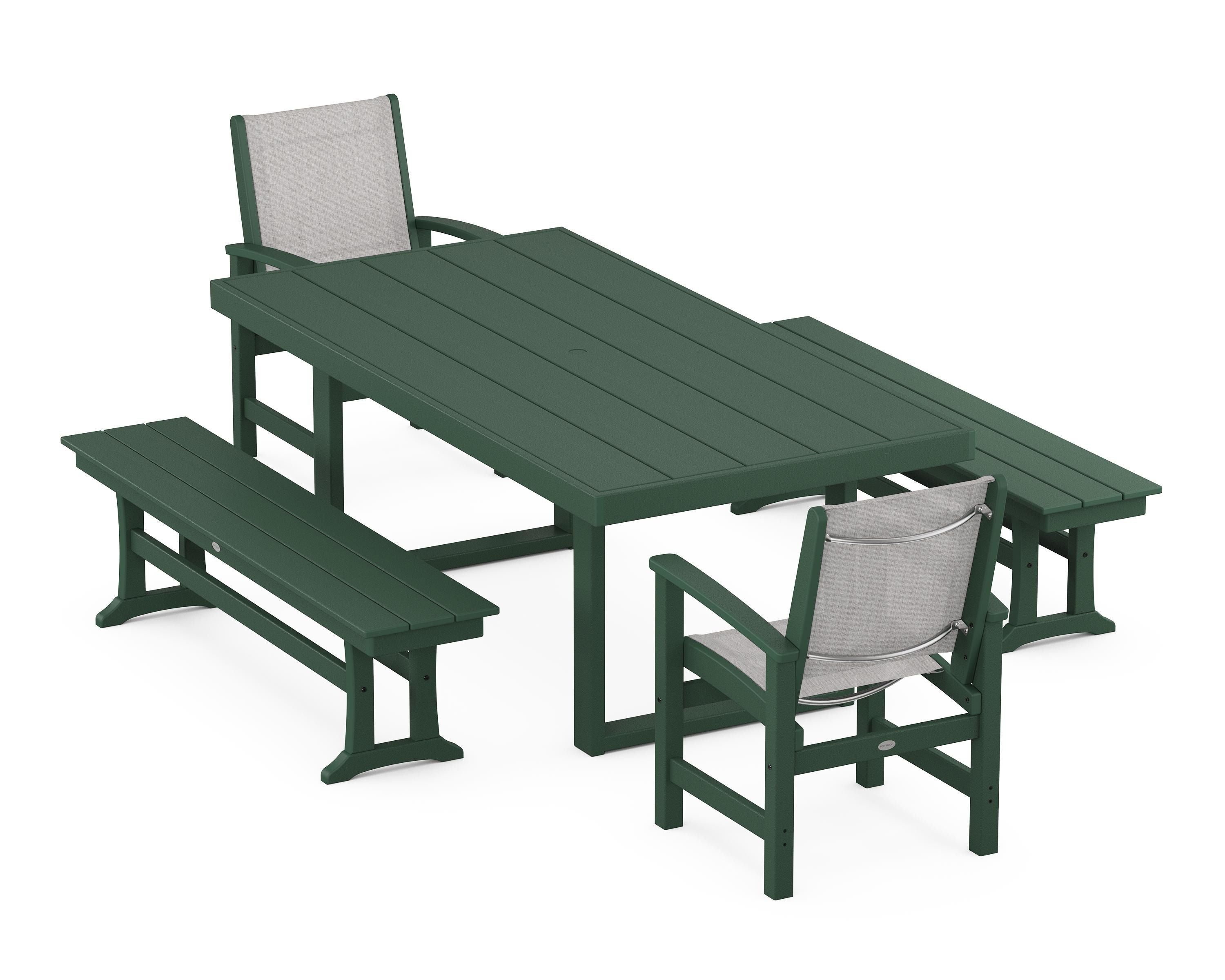 POLYWOOD® Coastal 5-Piece Dining Set with Trestle Legs in Green / Parchment Sling