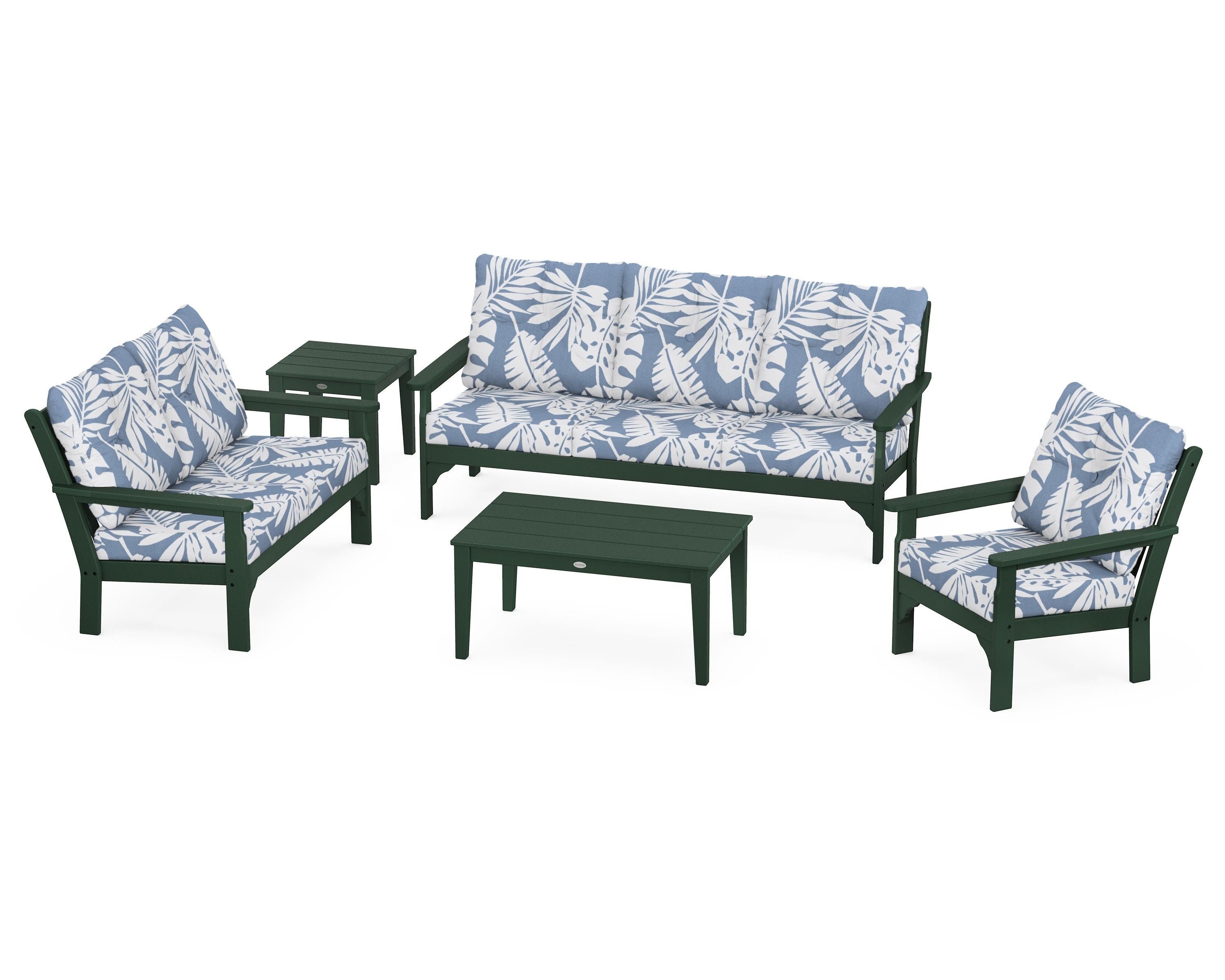 POLYWOOD® Vineyard 5 Piece Deep Seating Set in Green / Leaf Sky Blue