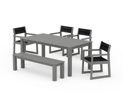 POLYWOOD® EDGE Sling Arm Chair 6-Piece Parsons Dining Set with Bench in Slate Grey / Black Sling