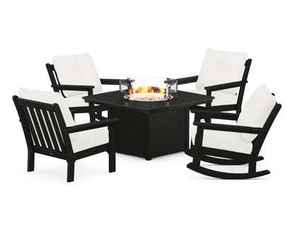 POLYWOOD® Vineyard 5-Piece Deep Seating Rocking Chair Conversation Set with Fire Pit Table in Black / Natural Linen