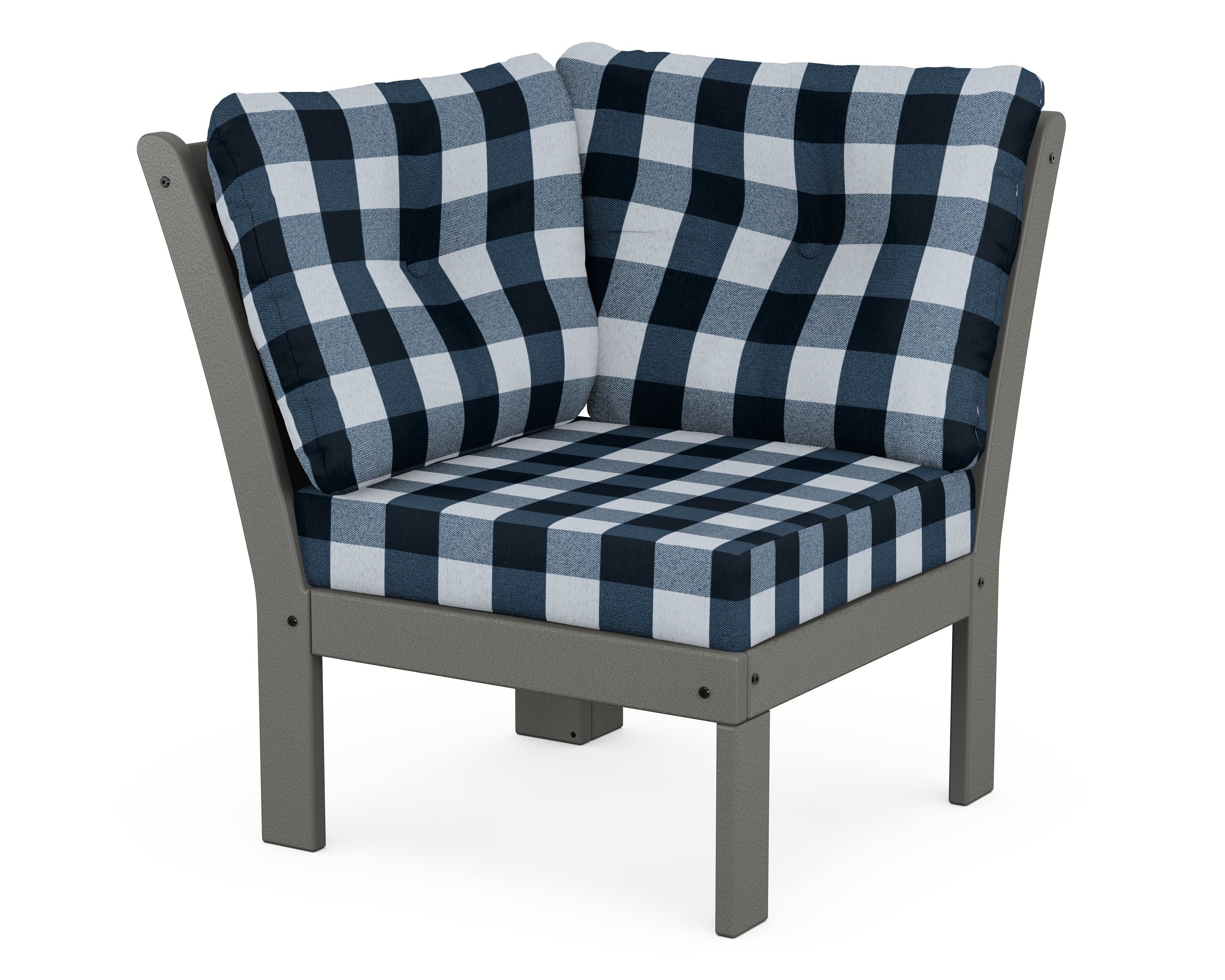 POLYWOOD® Vineyard Modular Corner Chair in Slate Grey / Buffalo Plaid Marine Indigo