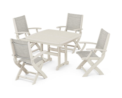 POLYWOOD® Coastal Folding Chair 5-Piece Dining Set in Sand / Birch Sling