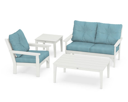 POLYWOOD® Vineyard 4-Piece Deep Seating Set in Vintage White / Lattice Sky Blue