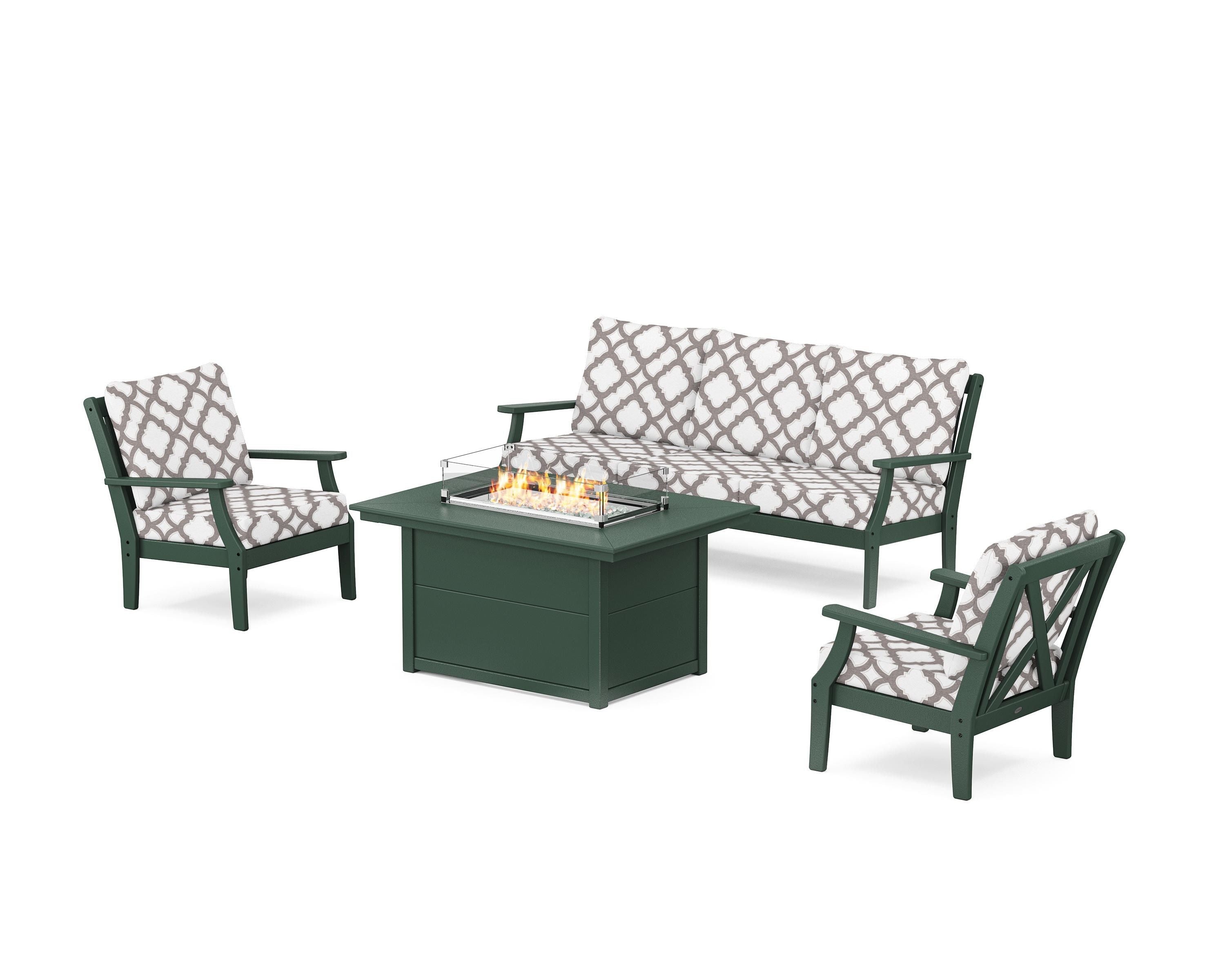 POLYWOOD® Braxton Deep Seating Fire Pit Table Set in Green / Trellis Grey Mist