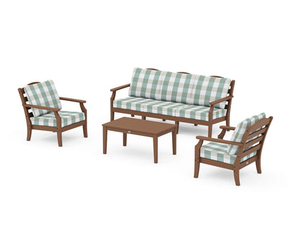 Draper James™ by  POLYWOOD® Savannah 4-Piece Deep Seating Set with Sofa in Teak / Buffalo Plaid Glacier Spa