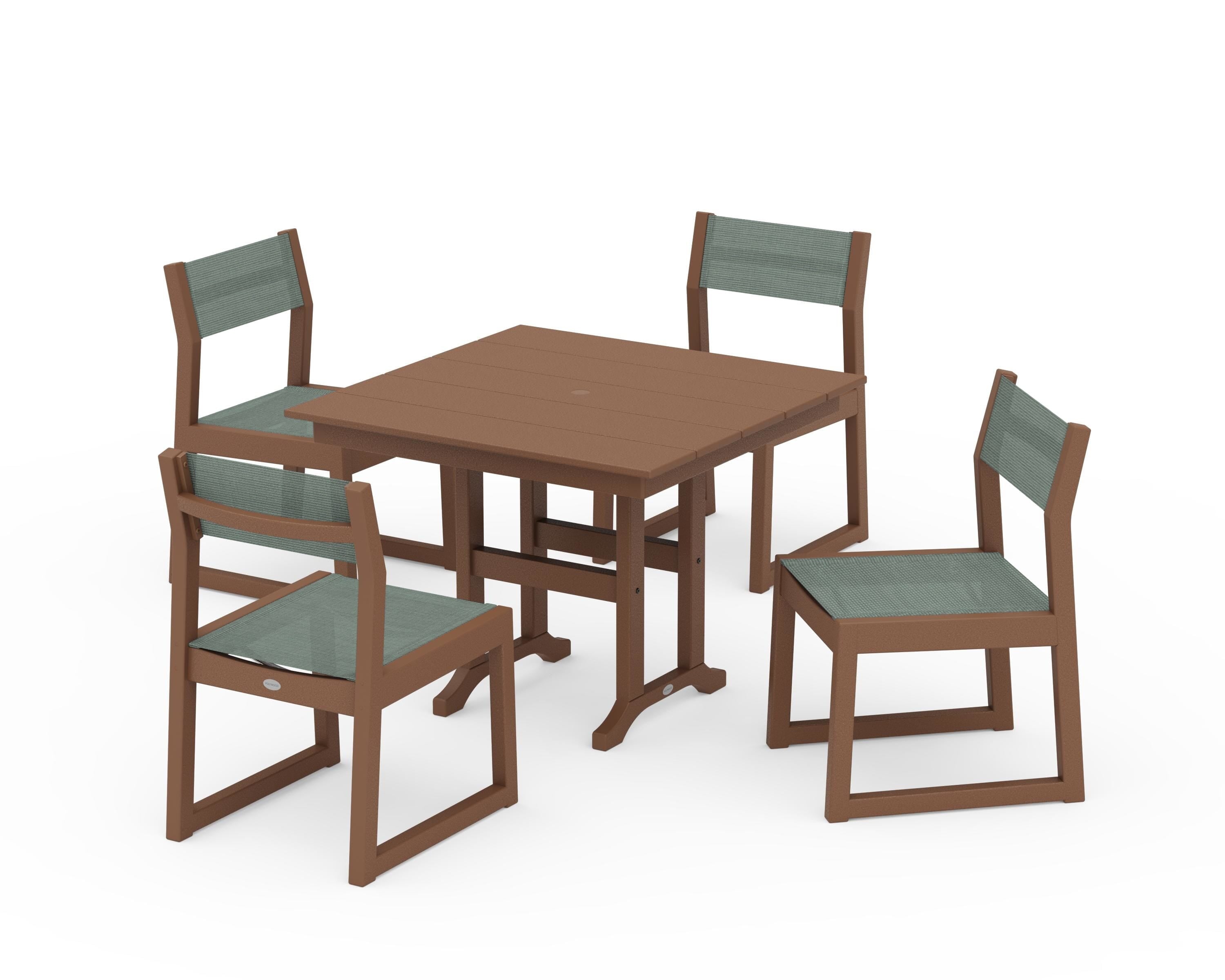 POLYWOOD® EDGE Sling Side Chair 5-Piece Farmhouse Dining Set in Teak / Dupioni Sea Mist Sling