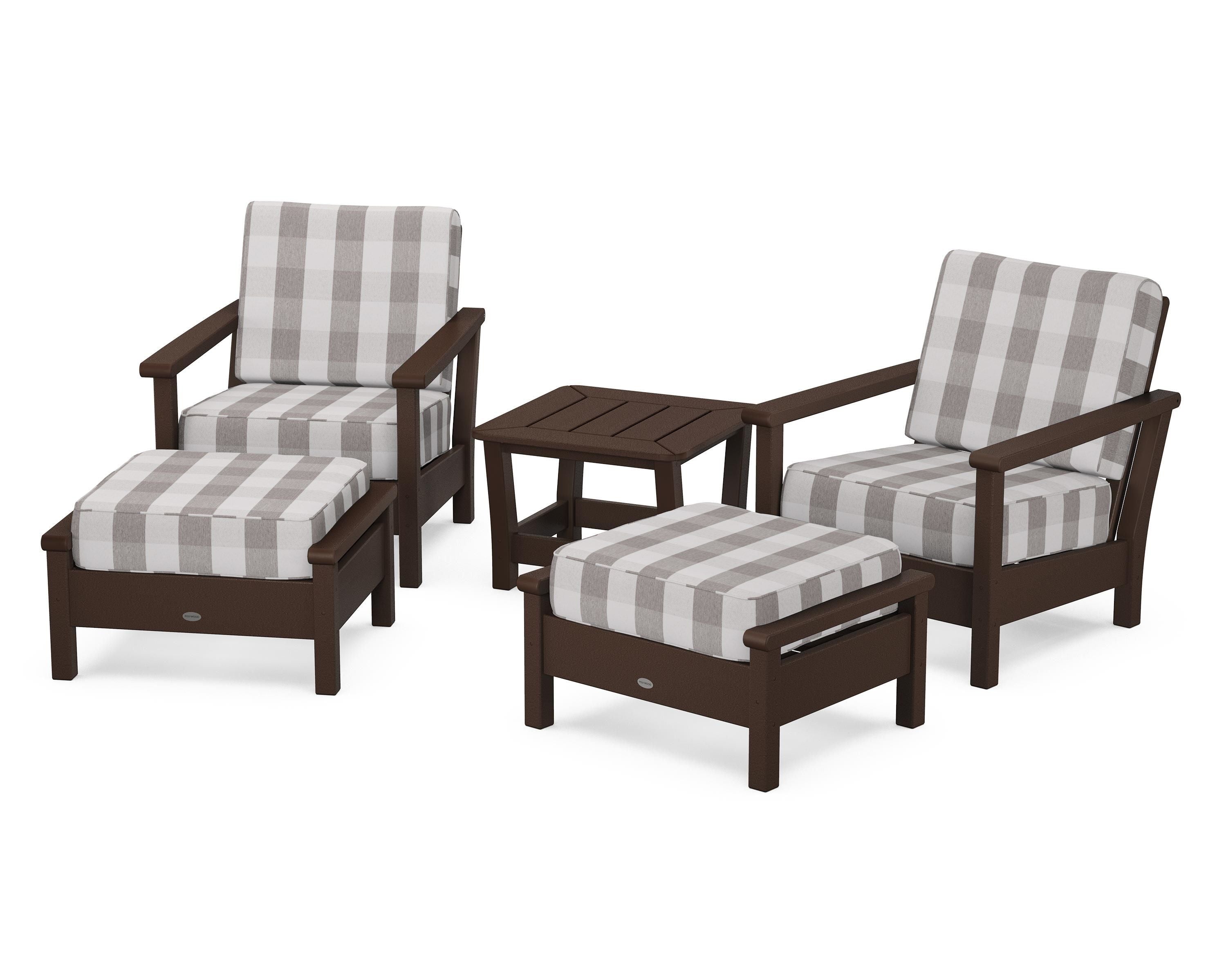 POLYWOOD® Harbour 5-Piece Deep Seating Chair Set in Mahogany / Buffalo Plaid Grey Mist
