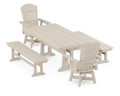 POLYWOOD® Nautical Curveback Adirondack Swivel Chair 5-Piece Farmhouse Dining Set With Trestle Legs and Benches in Sand