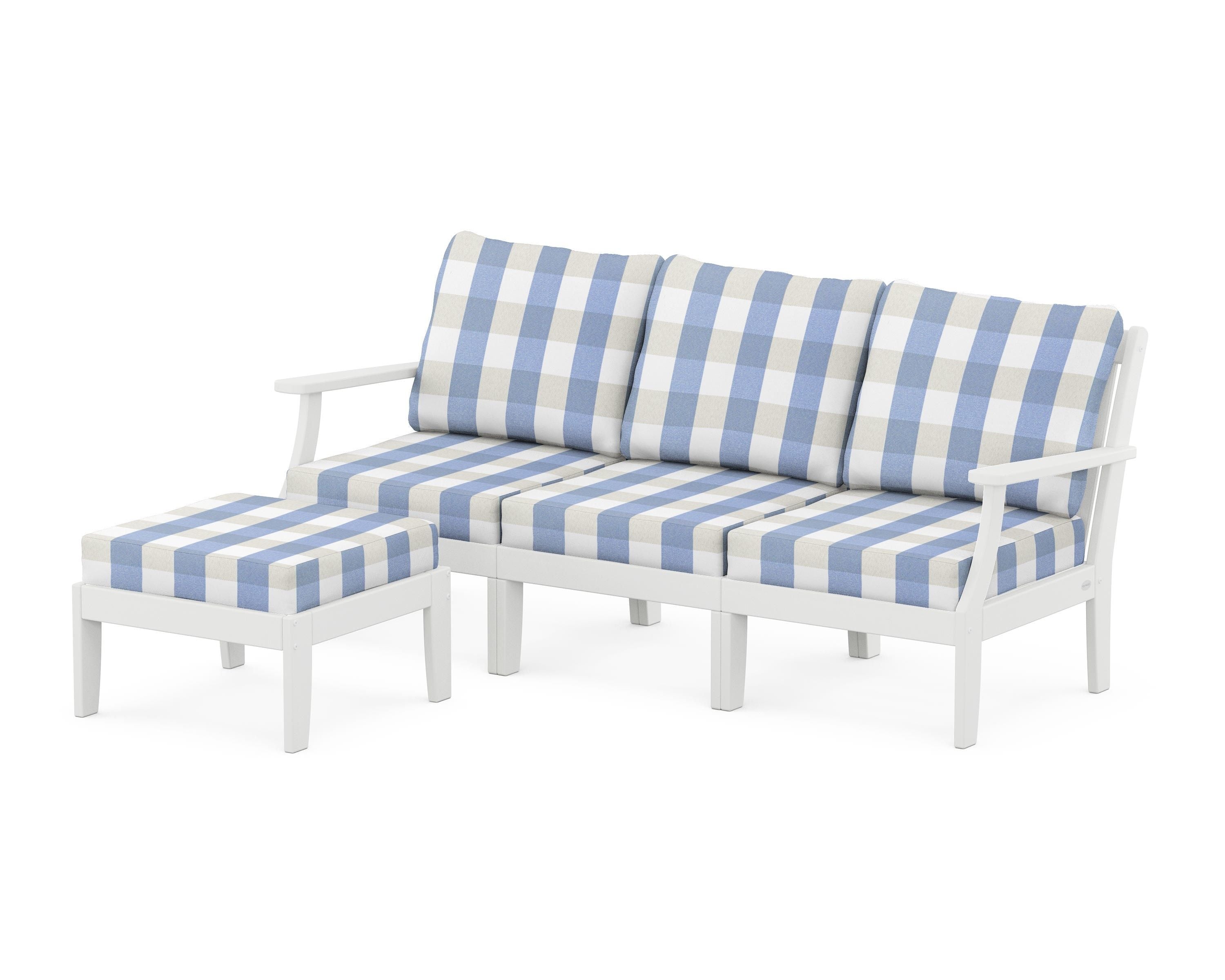 POLYWOOD® Braxton Modular 4-Piece Deep Seating Set with Ottoman in White / Buffalo Plaid Sky Blue