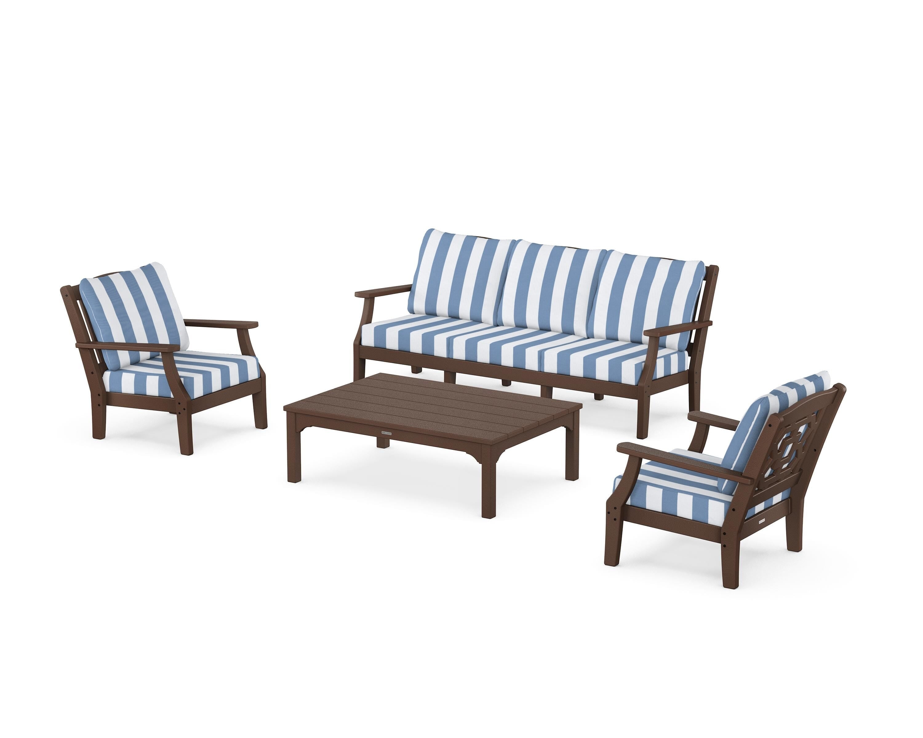 Martha Stewart by POLYWOOD® Chinoiserie 4-Piece Deep Seating Set with Sofa in Mahogany / Cabana Stripe Sky Blue