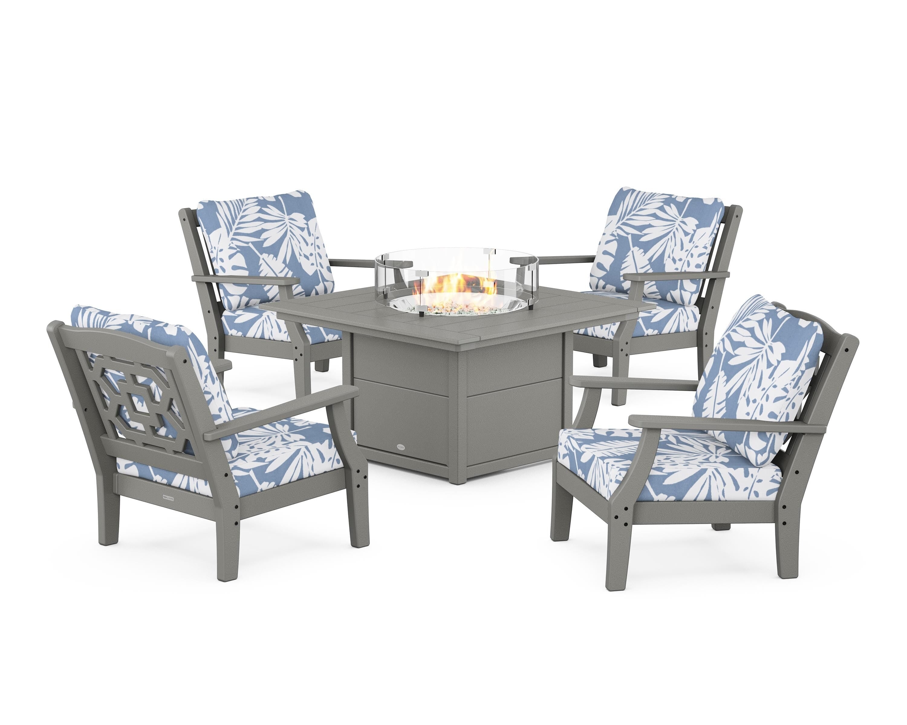 Martha Stewart by POLYWOOD® Chinoiserie 5-Piece Deep Seating Set with Fire Pit Table in Slate Grey / Leaf Sky Blue