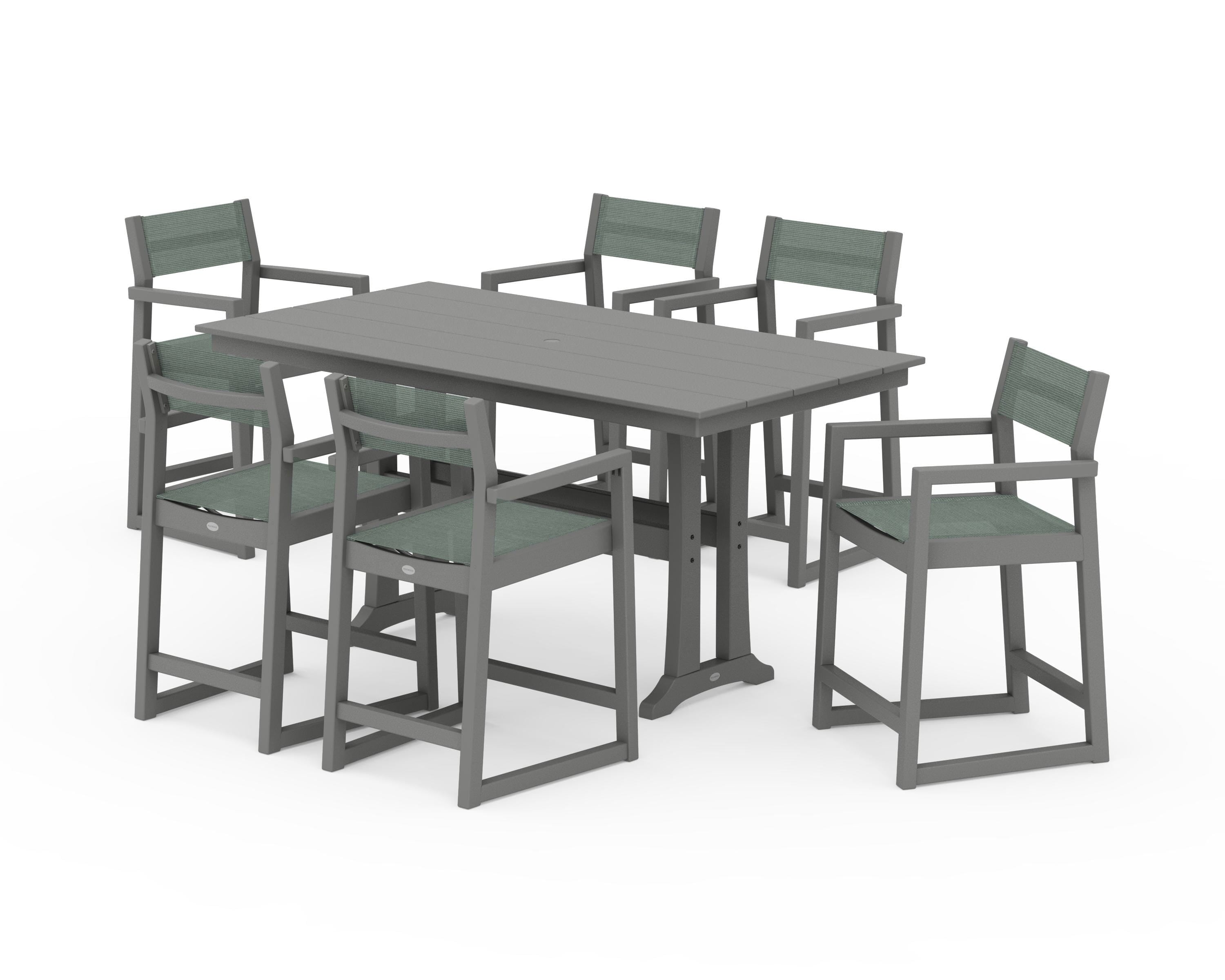 POLYWOOD® EDGE Sling Arm Chair 7-Piece Farmhouse Counter Set with Trestle Legs in Slate Grey / Dupioni Sea Mist Sling