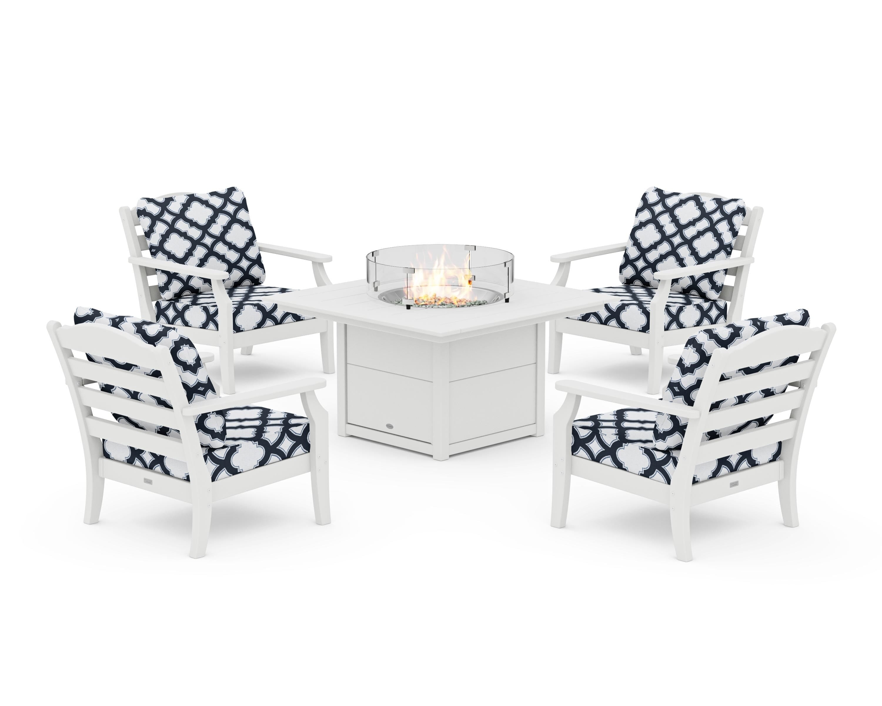Draper James™ by  POLYWOOD® Savannah 5-Piece Deep Seating Set with Fire Pit Table in White / Trellis Marine Indigo