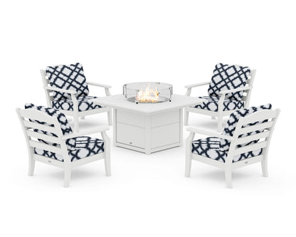 Draper James™ by  POLYWOOD® Savannah 5-Piece Deep Seating Set with Fire Pit Table in White / Trellis Marine Indigo