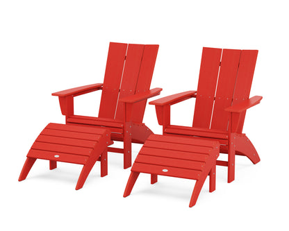 POLYWOOD® Modern Curveback Adirondack Chair 4-Piece Set with Ottomans in Sunset Red