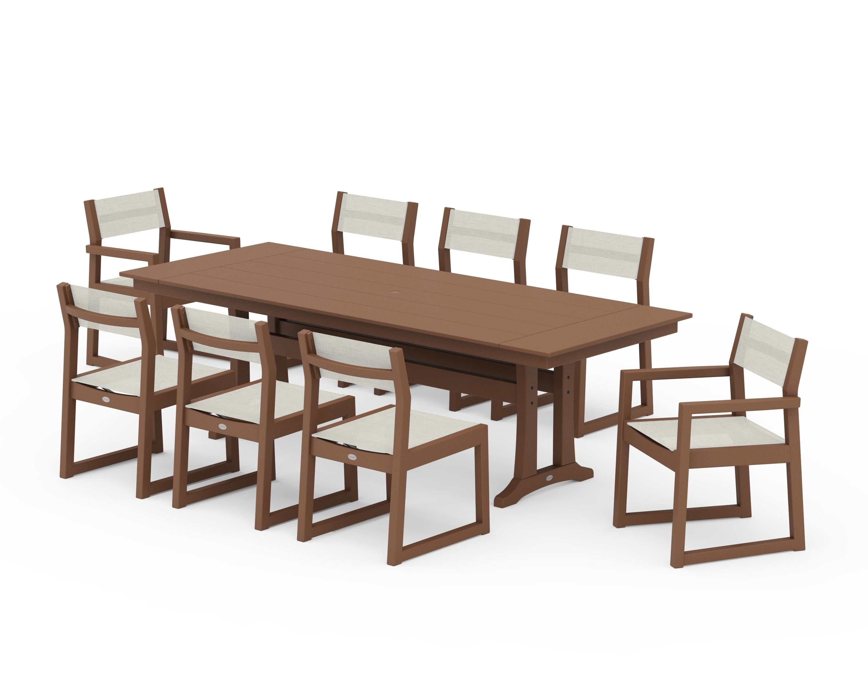 POLYWOOD® EDGE Sling 9-Piece Farmhouse Trestle Dining Set in Teak / Parchment Sling