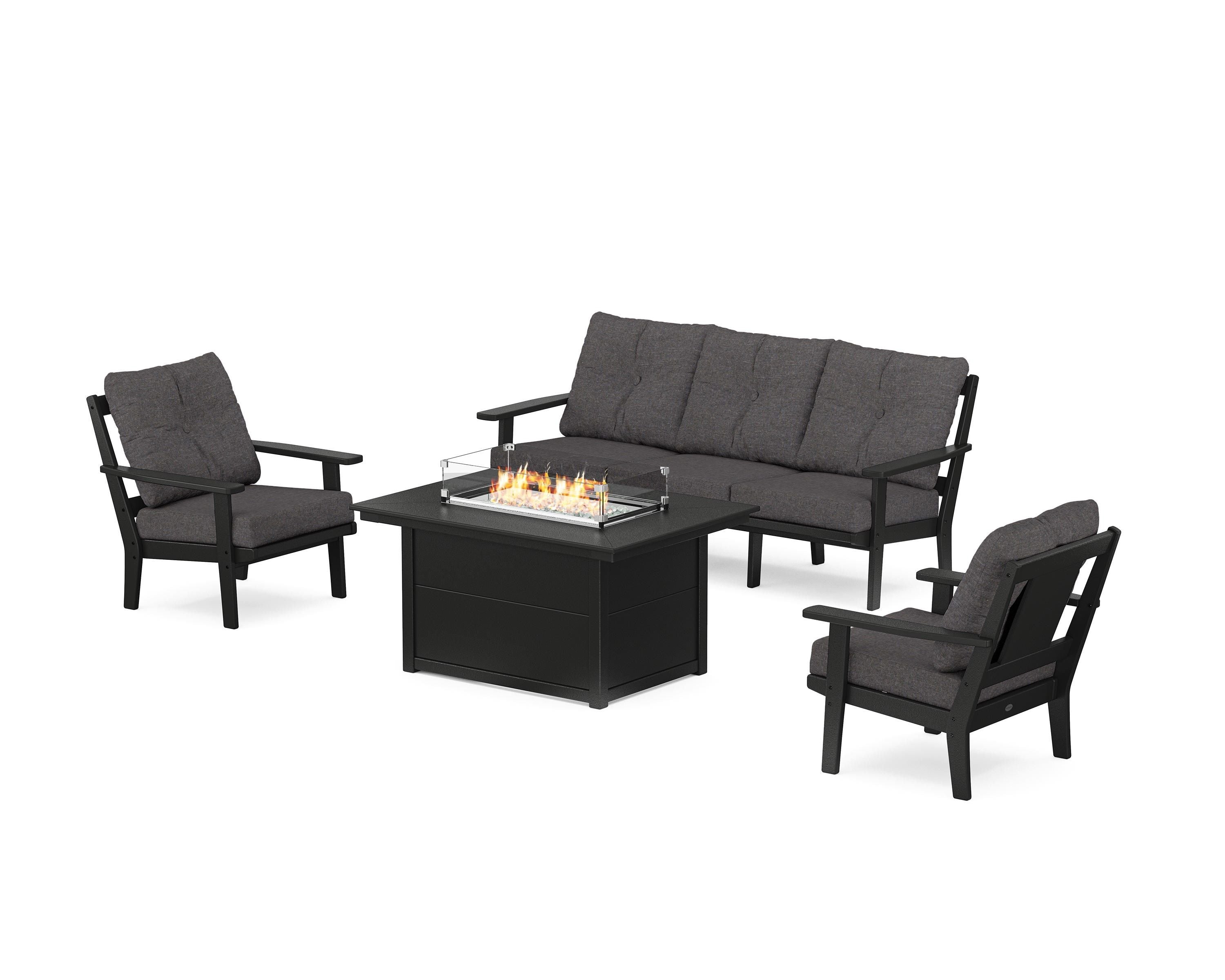 POLYWOOD® Prairie Deep Seating Fire Pit Table Set in Black / Ash Charcoal