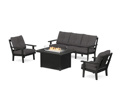 POLYWOOD® Prairie Deep Seating Fire Pit Table Set in Black / Ash Charcoal