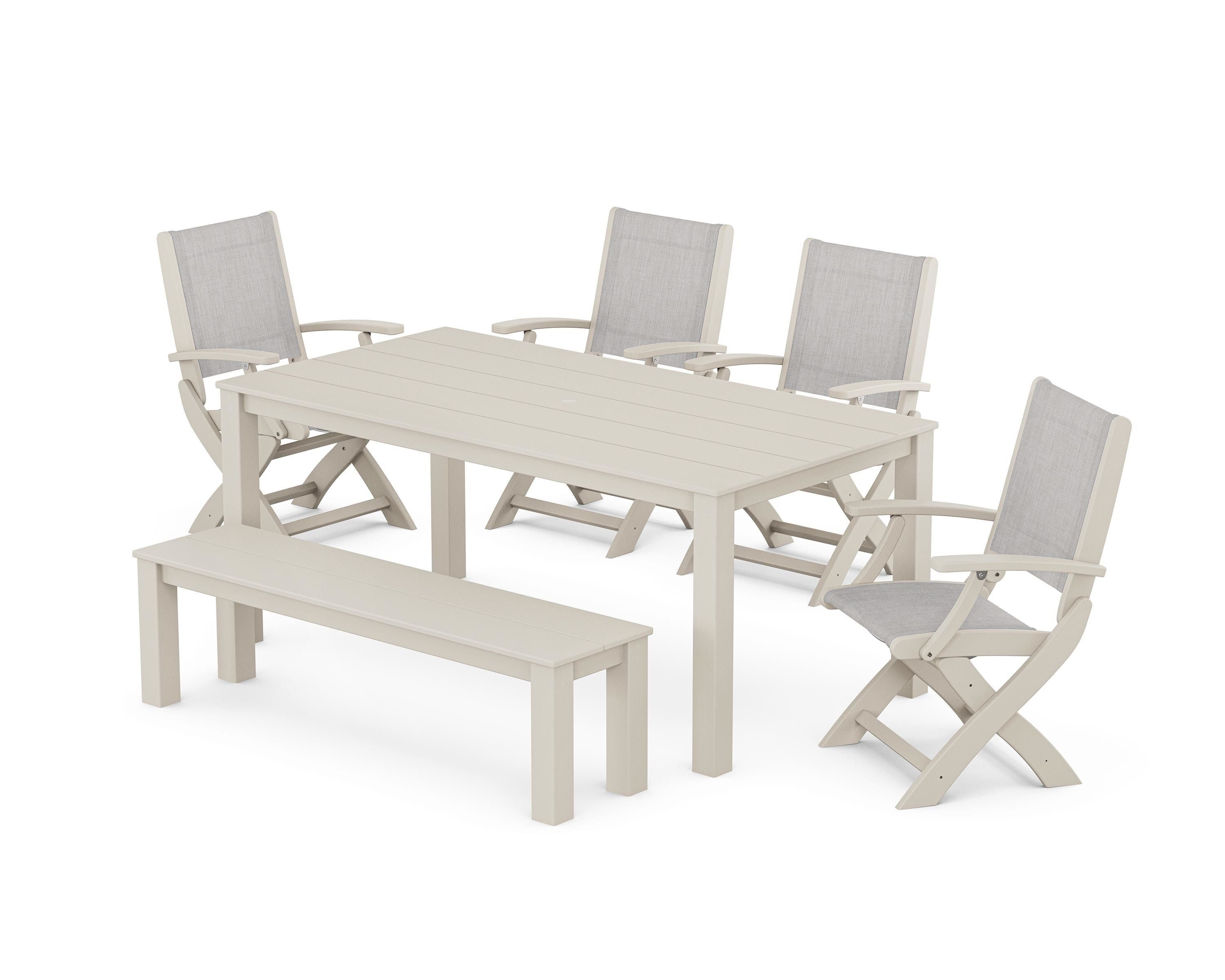 POLYWOOD® Coastal Folding Chair 6-Piece Parsons Dining Set with Bench in Sand / Parchment Sling