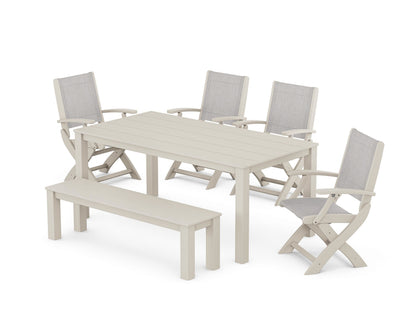 POLYWOOD® Coastal Folding Chair 6-Piece Parsons Dining Set with Bench in Sand / Parchment Sling