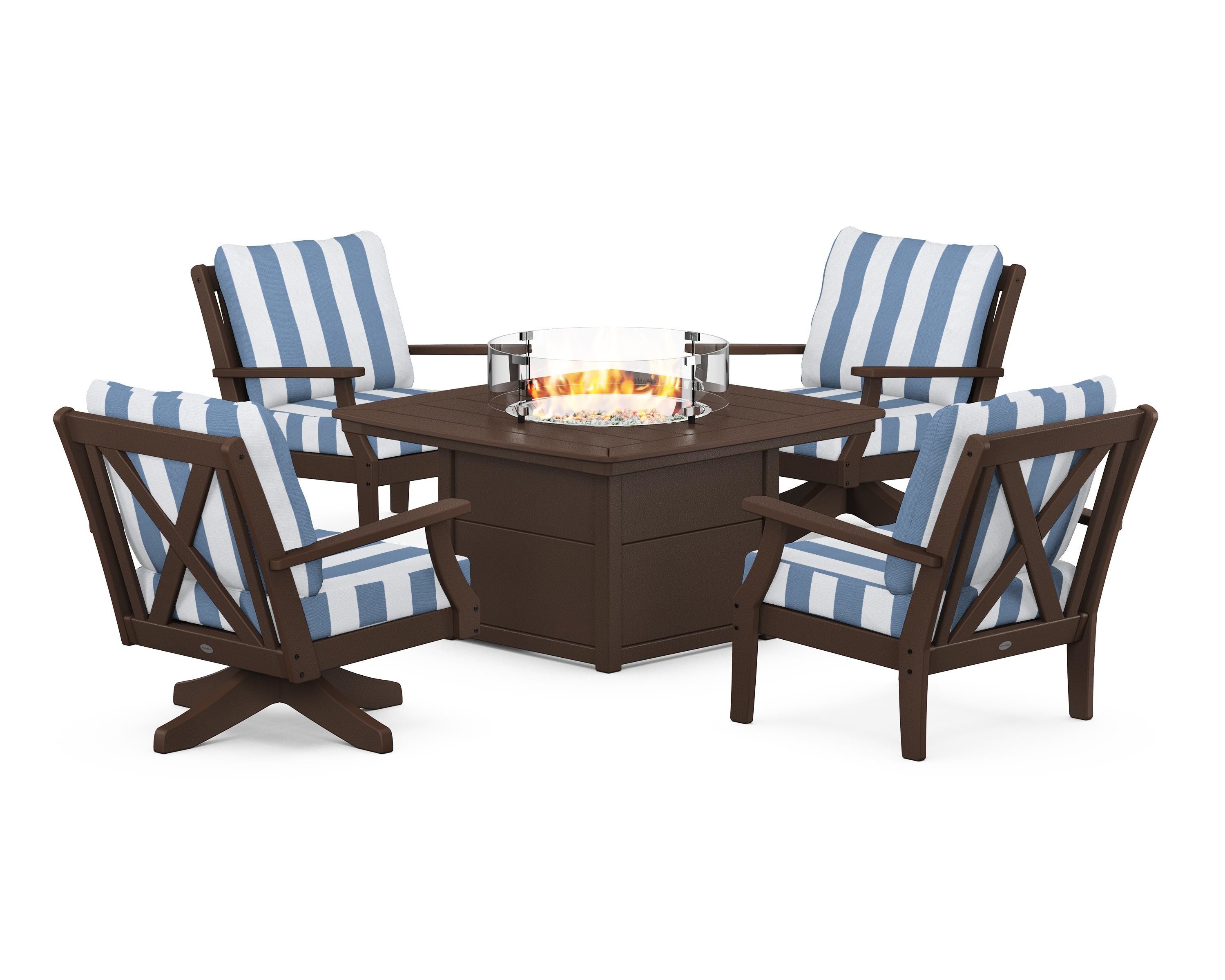 POLYWOOD® Braxton 5-Piece Deep Seating Set with Fire Table in Mahogany / Cabana Stripe Sky Blue