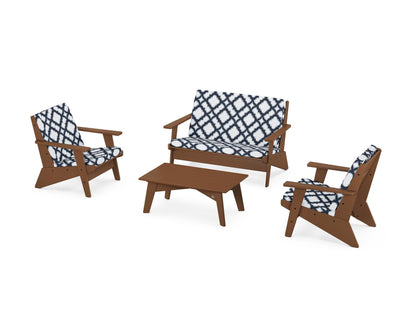 POLYWOOD® Riviera Modern Lounge 4-Piece Set in Teak / Trellis Marine Indigo