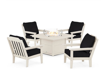 Country Living Cottage 5-Piece Deep Seating Set with Fire Pit Table in Sand / Midnight Linen