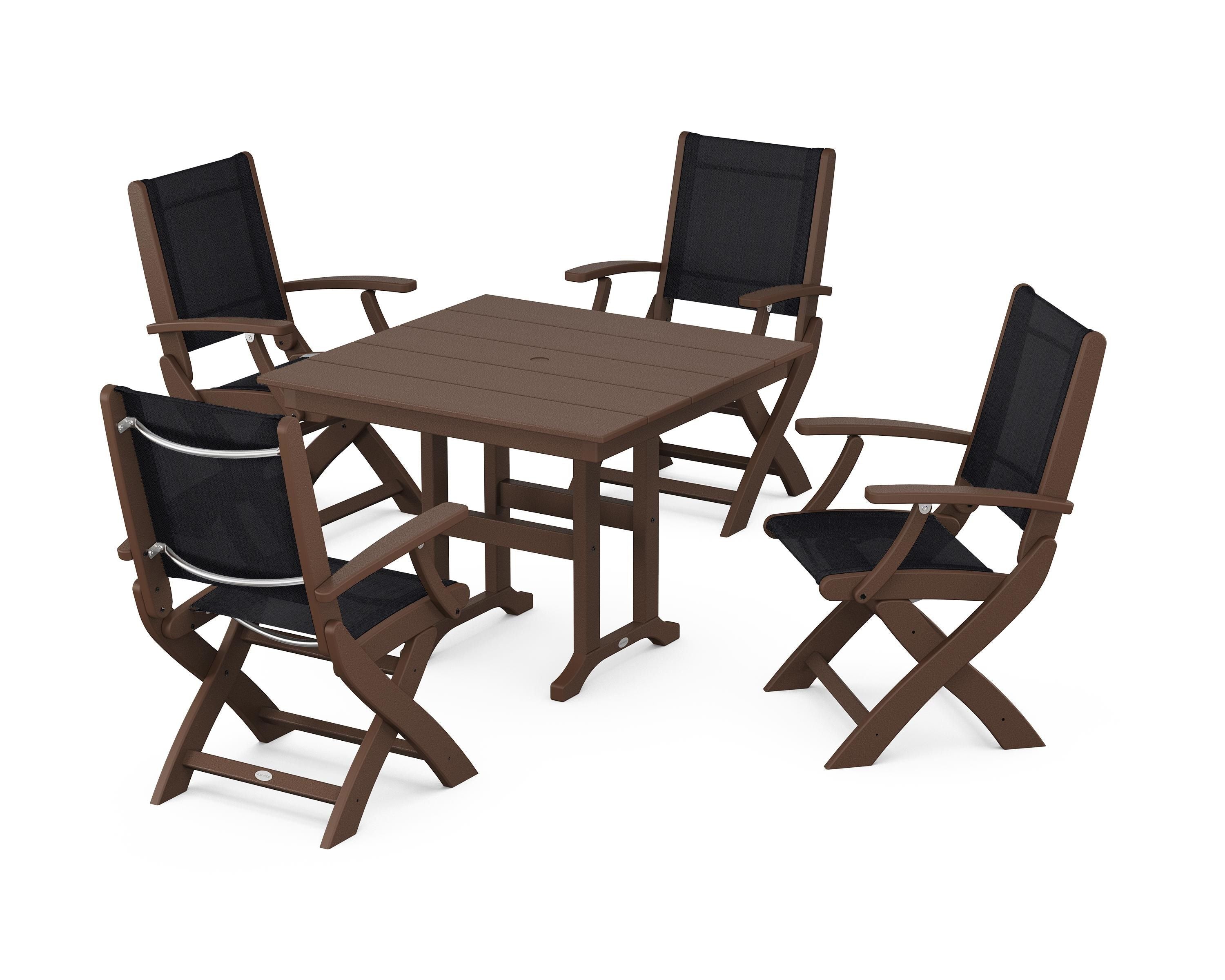 POLYWOOD® Coastal Folding Chair 5-Piece Farmhouse Dining Set in Mahogany / Black Sling