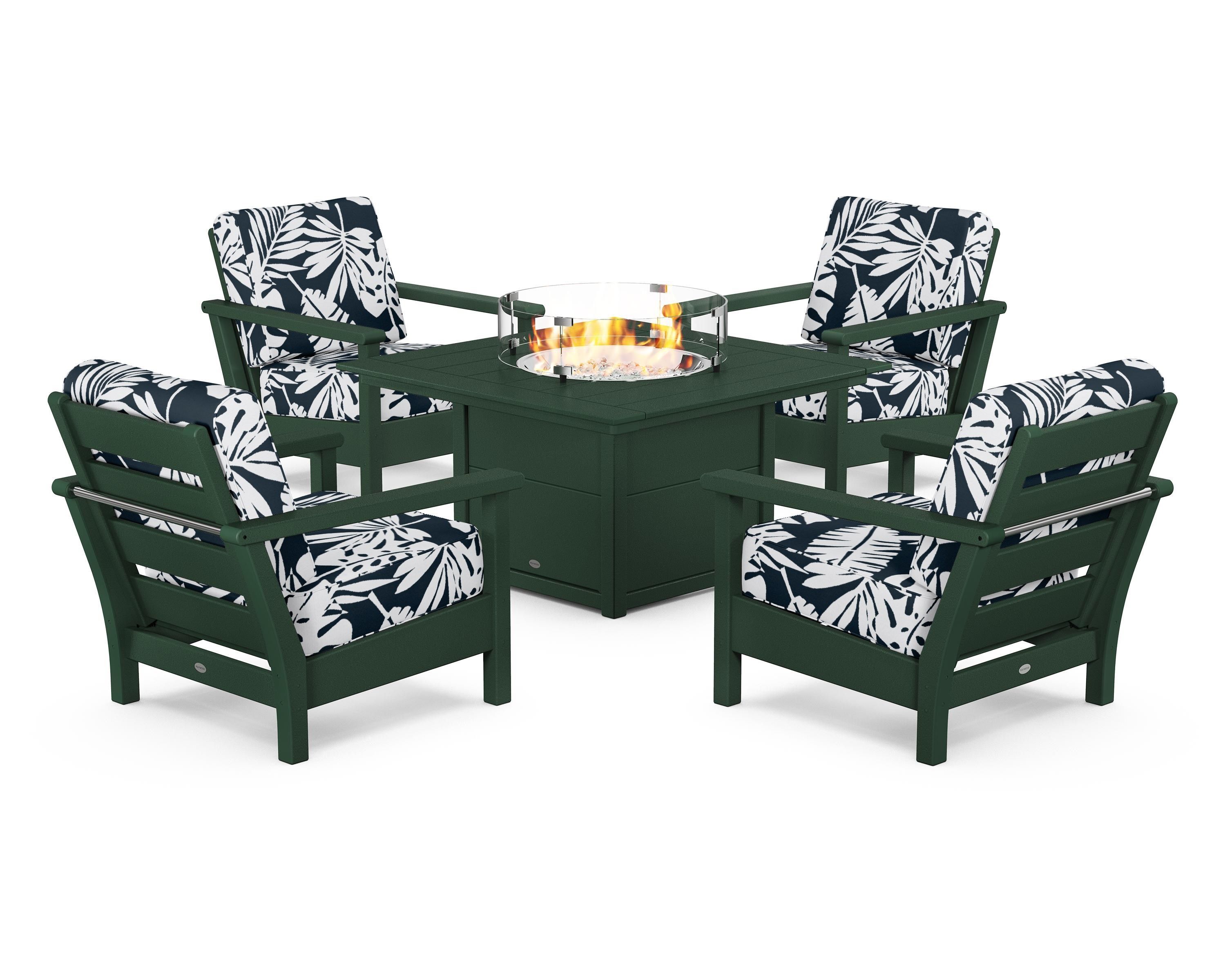 POLYWOOD® Harbour 5-Piece Conversation Set with Fire Pit Table in Green / Leaf Marine Indigo