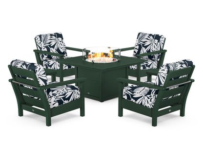 POLYWOOD® Harbour 5-Piece Conversation Set with Fire Pit Table in Green / Leaf Marine Indigo