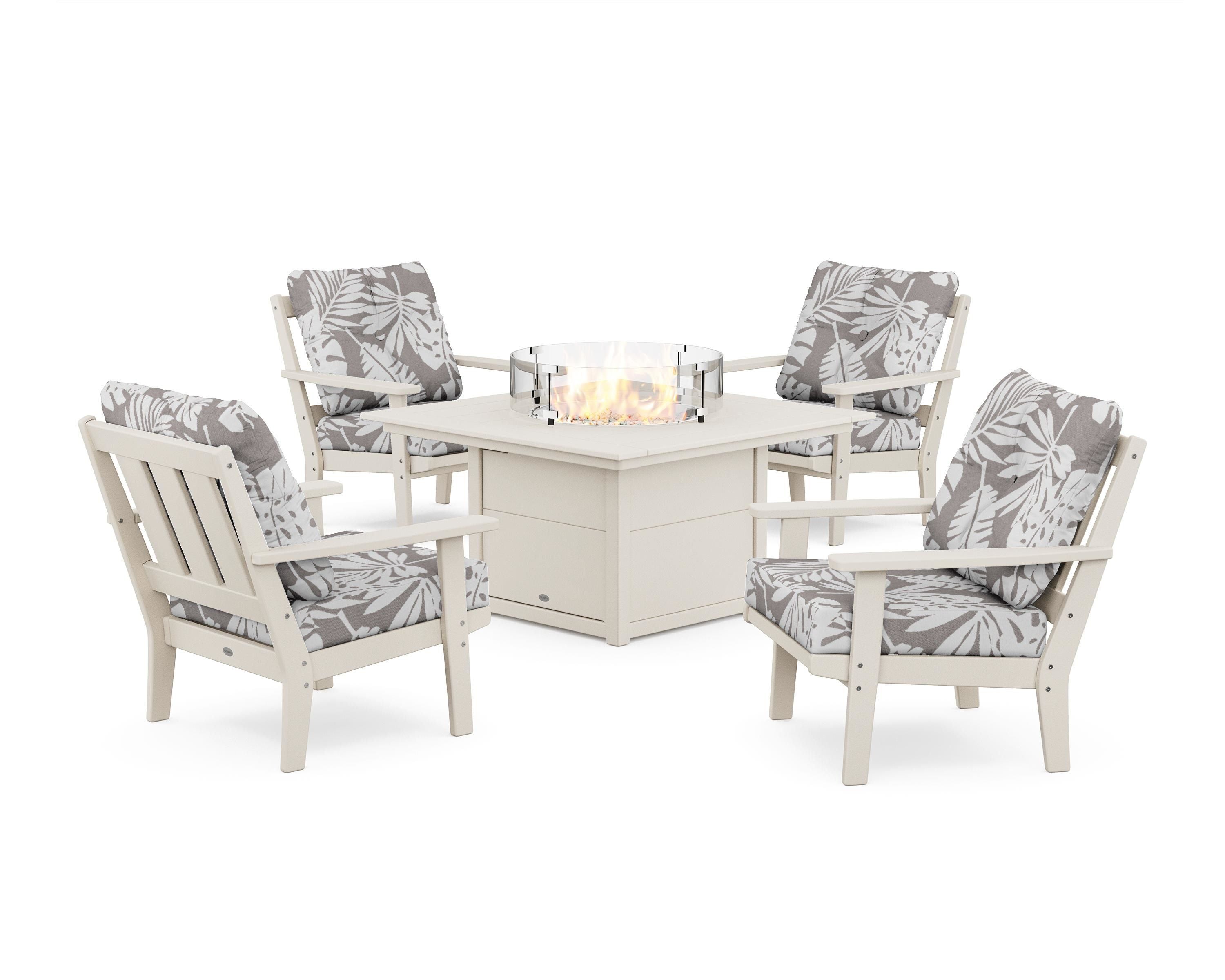 POLYWOOD® Oxford 5-Piece Deep Seating Set with Fire Pit Table in Sand / Leaf Grey Mist