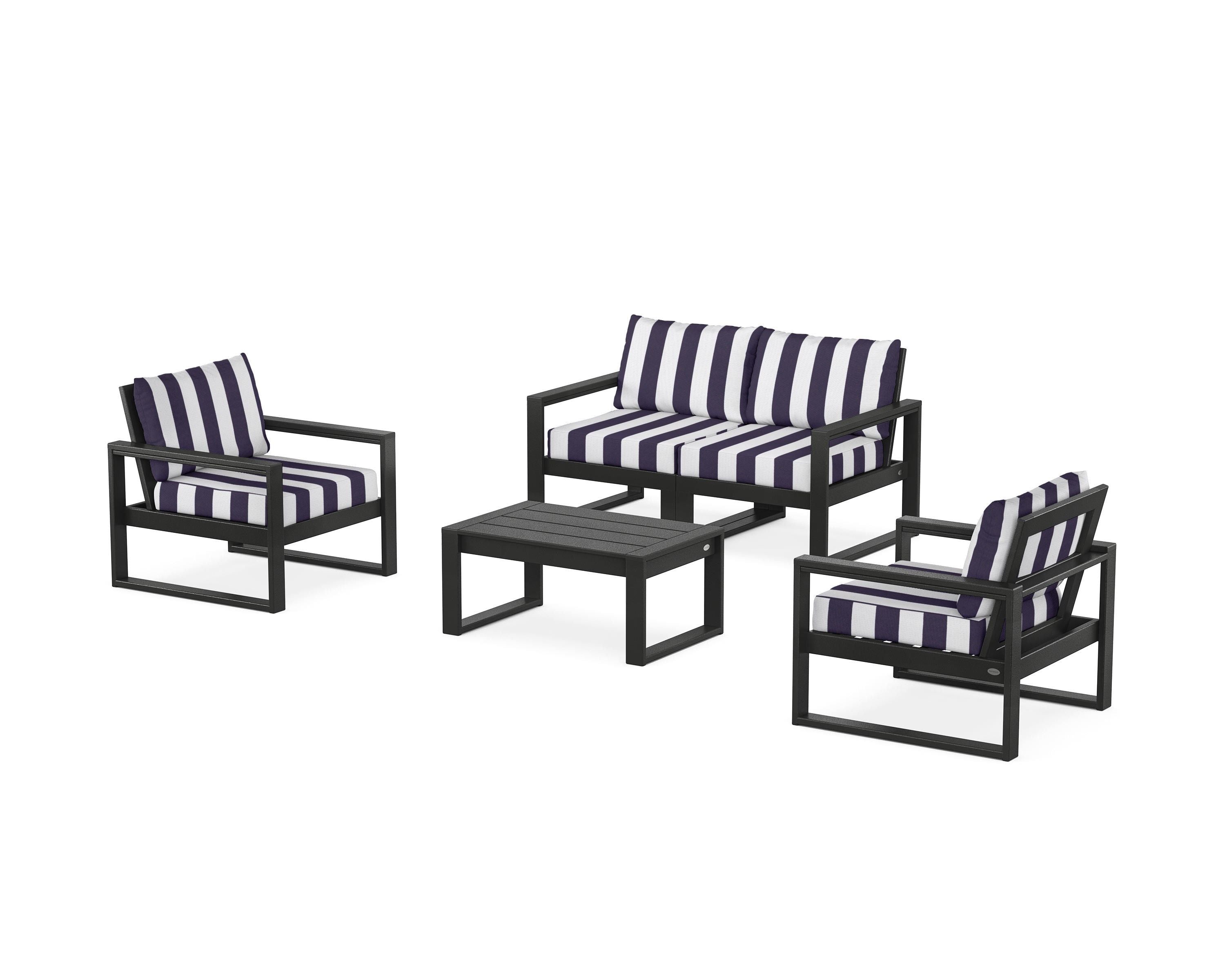 POLYWOOD® EDGE Sectional 4-Piece Deep Seating Set with Loveseat in Black / Cabana Stripe Navy