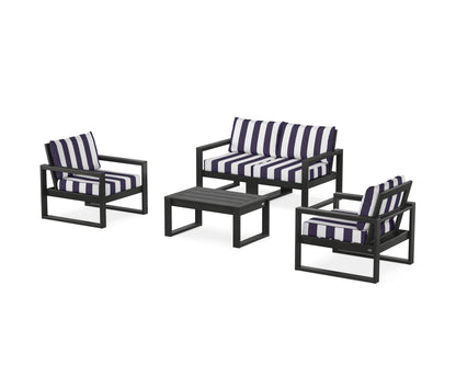 POLYWOOD® EDGE Sectional 4-Piece Deep Seating Set with Loveseat in Black / Cabana Stripe Navy