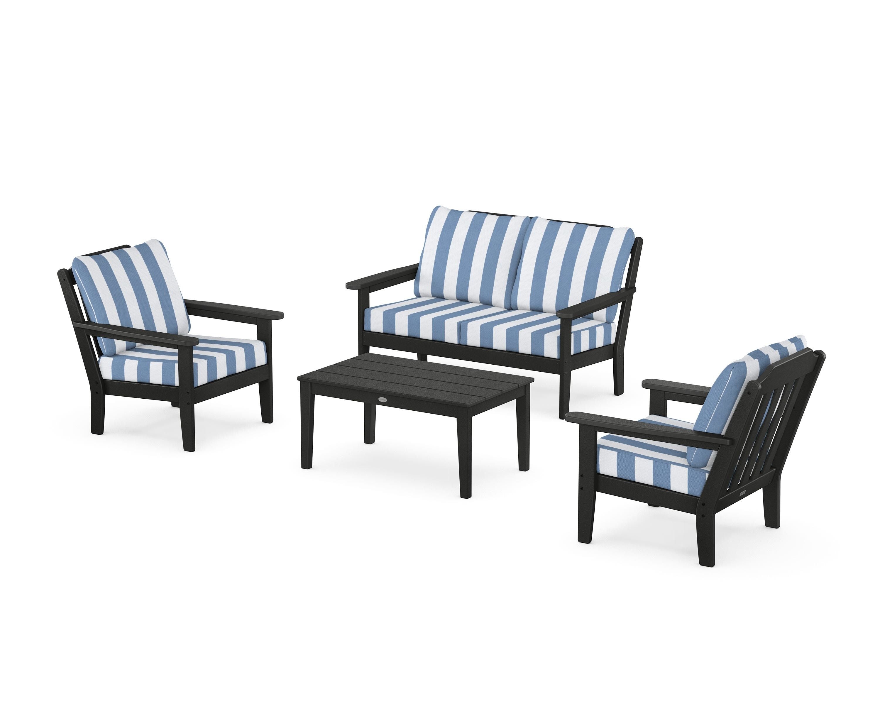 Country Living Cottage 4-Piece Deep Seating Set with Loveseat in Black / Cabana Stripe Sky Blue