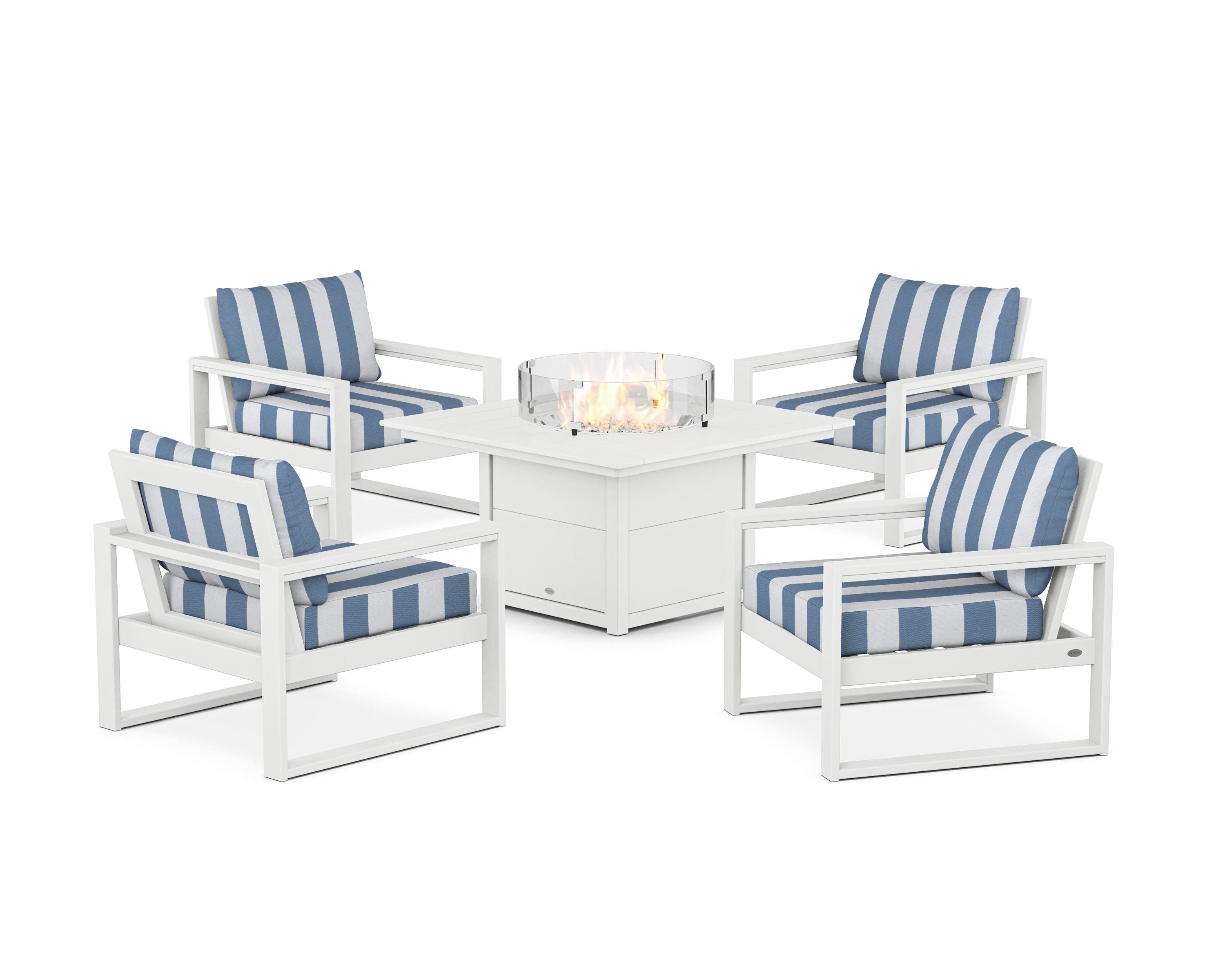 POLYWOOD® EDGE Sectional 5-Piece Deep Seating Set with Fire Pit Table in White / Cabana Stripe Sky Blue