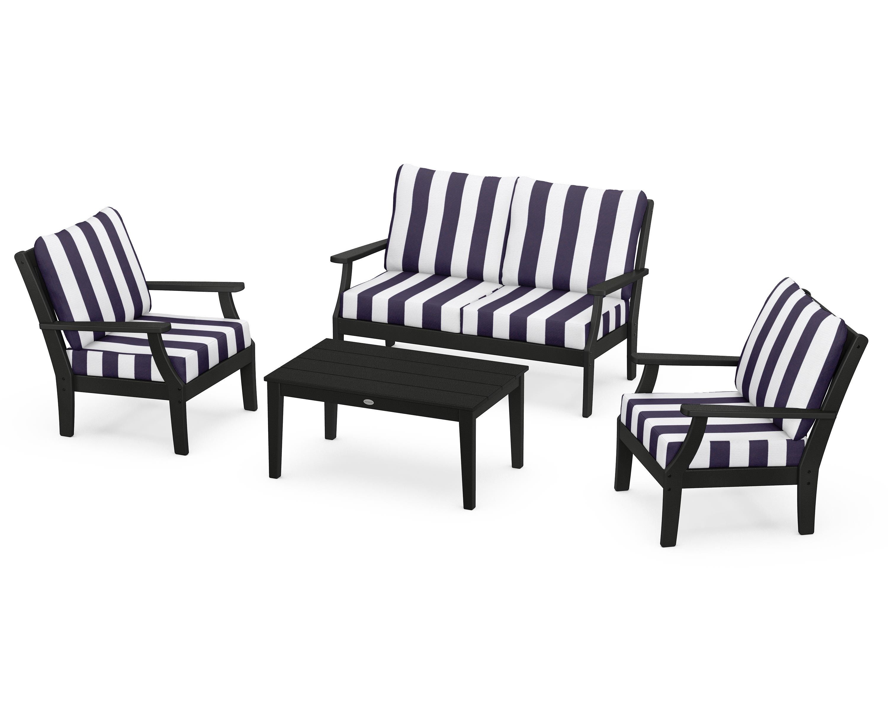 POLYWOOD® Braxton 4-Piece Deep Seating Chair Set in Black / Cabana Stripe Navy